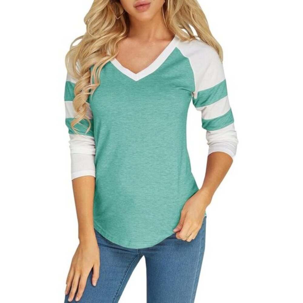 Long Sleeve Striped Baseball Tee V-Neck Size XL